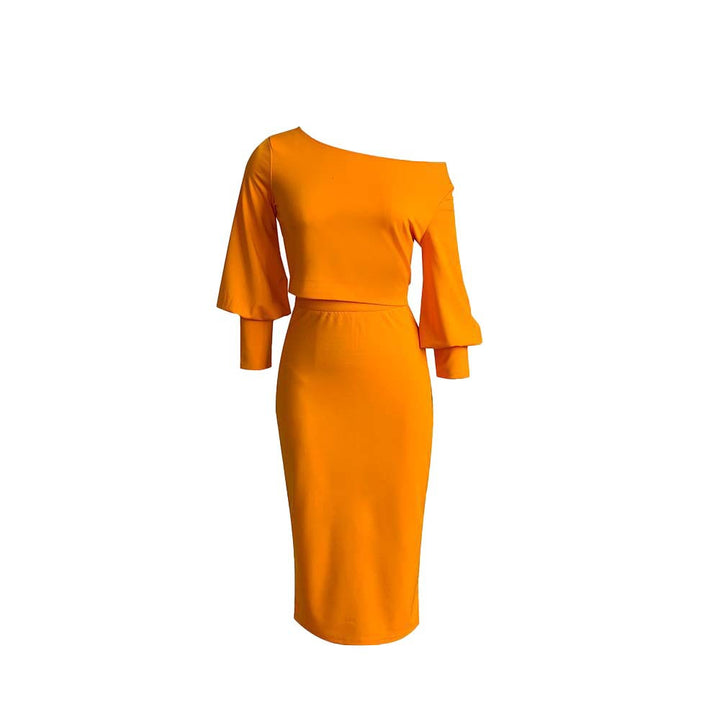 Damen Elegantes Midi-Kleid mit asymmetrischem Oberteil und Glockenärmeln Drune