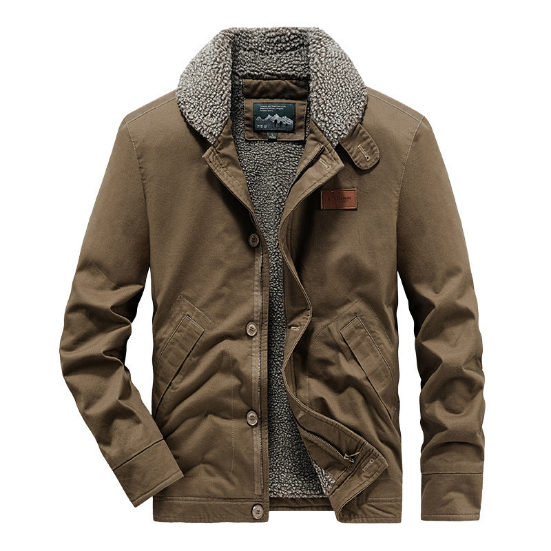 Herren kernige Canvas‑Workerjacke mit voluminösem Sherpa‑Innenfutter und hochschließendem Kragen Drune