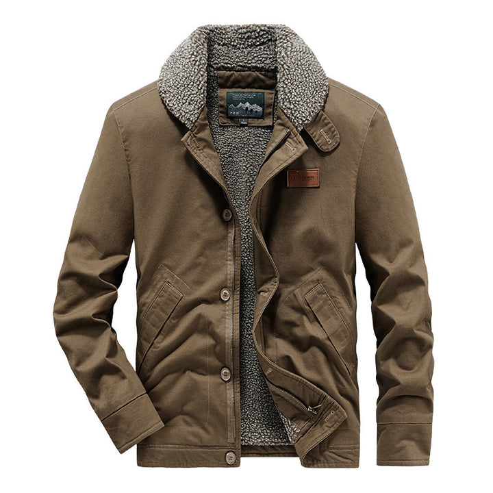 Herren kernige Canvas‑Workerjacke mit voluminösem Sherpa‑Innenfutter und hochschließendem Kragen Drune