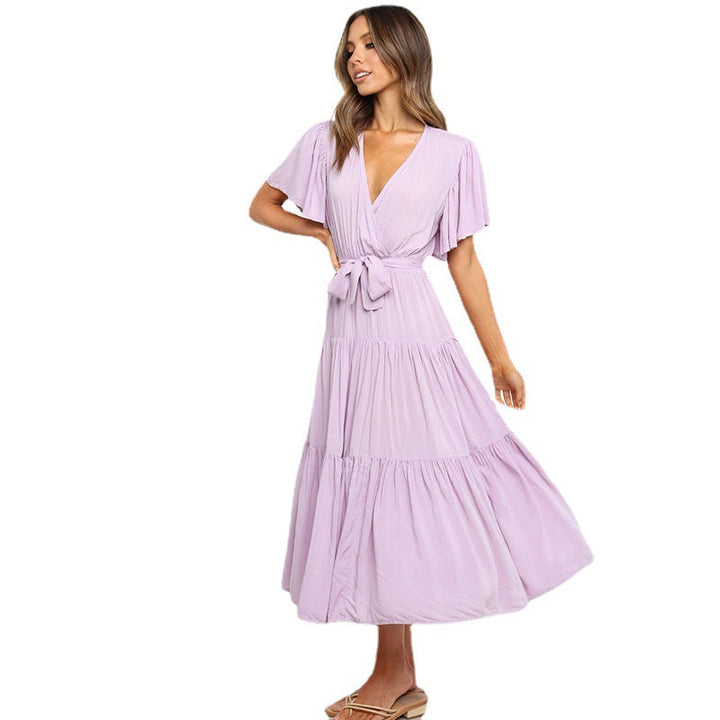 Damen Maxikleid mit tiefem V-Ausschnitt und schwingenden Ärmeln Drune