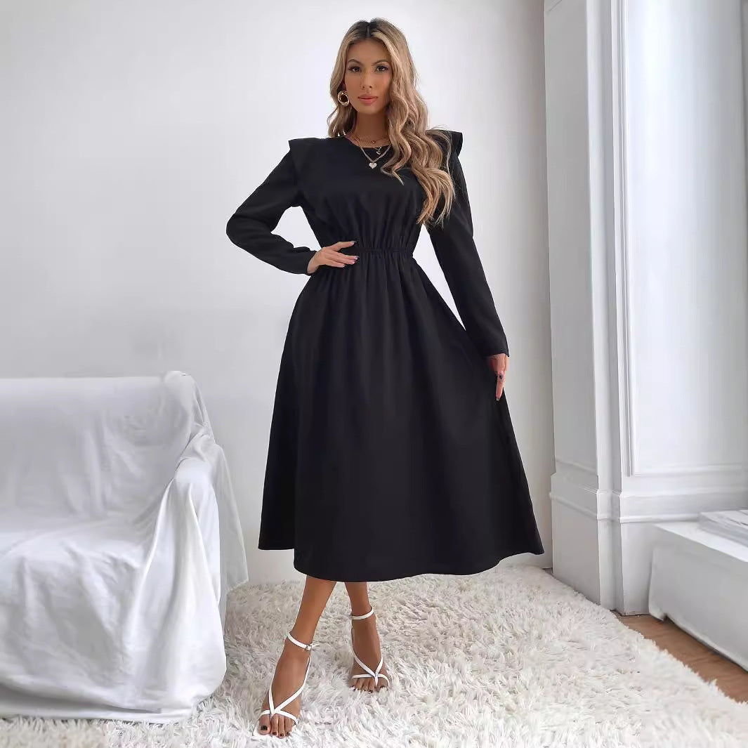 Damen elegantes Maxikleid mit Rüschendetails und elastischem Taillenbund Drune