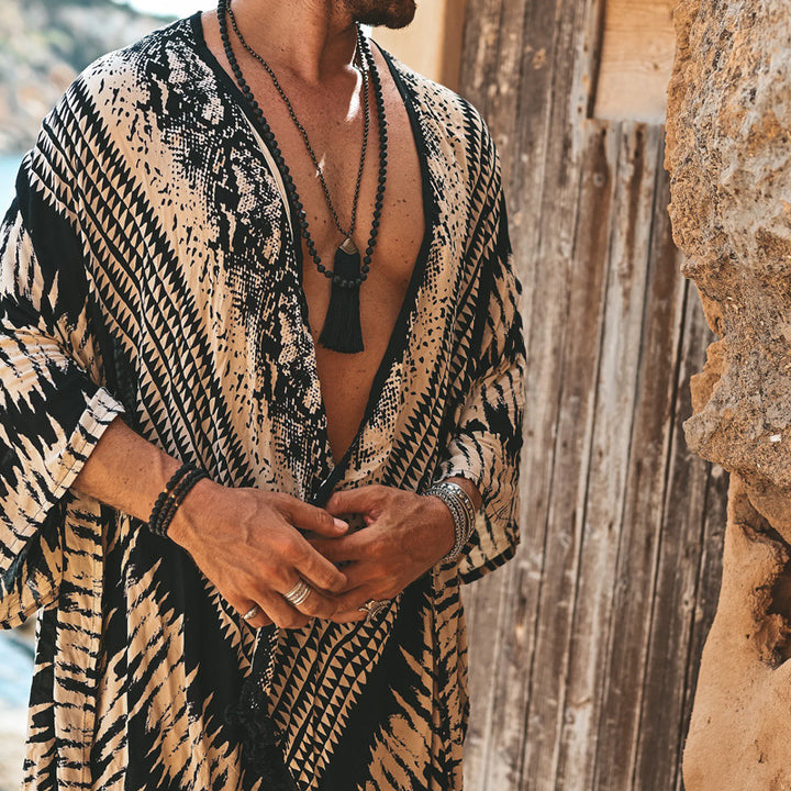 Herren Leichter Ethno-Strandkaftan mit V-Ausschnitt und Fransen Drune