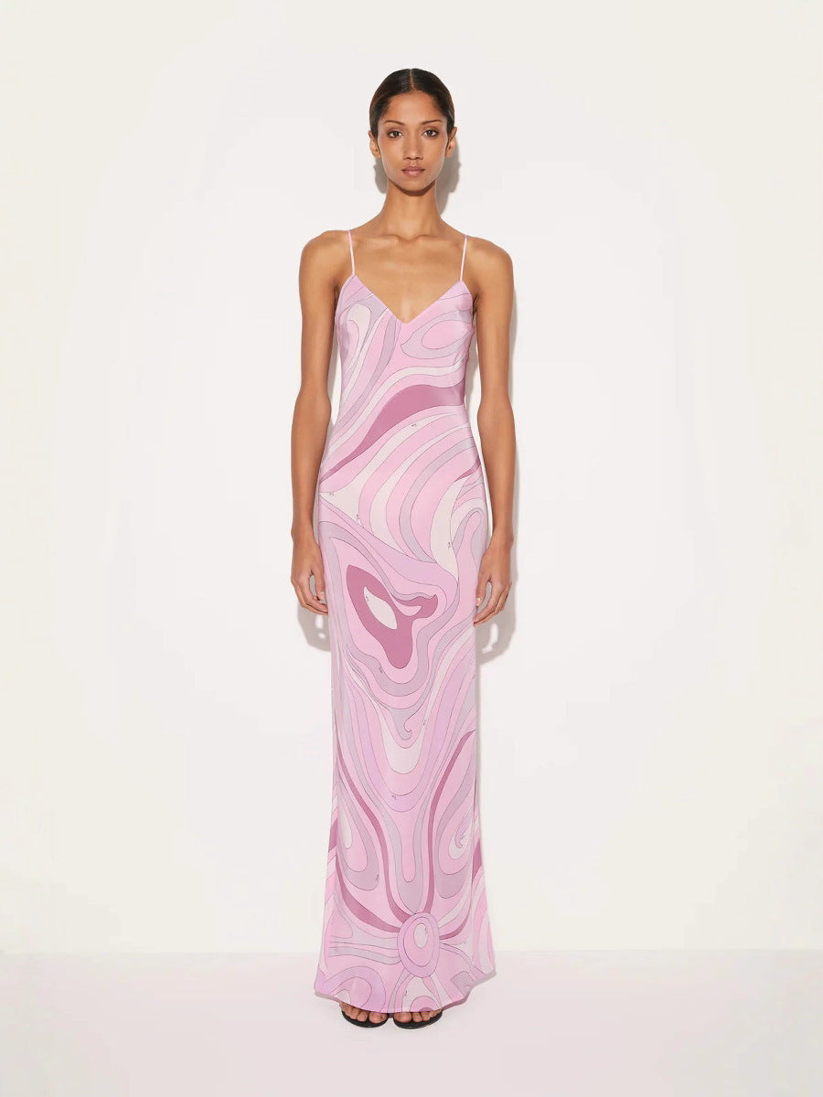 Damen nan elegantes Slip-Maxikleid mit V-Ausschnitt, filigranen Spaghettiträgern und retro-grafischem Allover-Print Drune