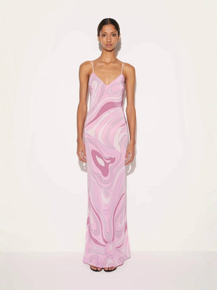 Damen nan elegantes Slip-Maxikleid mit V-Ausschnitt, filigranen Spaghettiträgern und retro-grafischem Allover-Print Drune