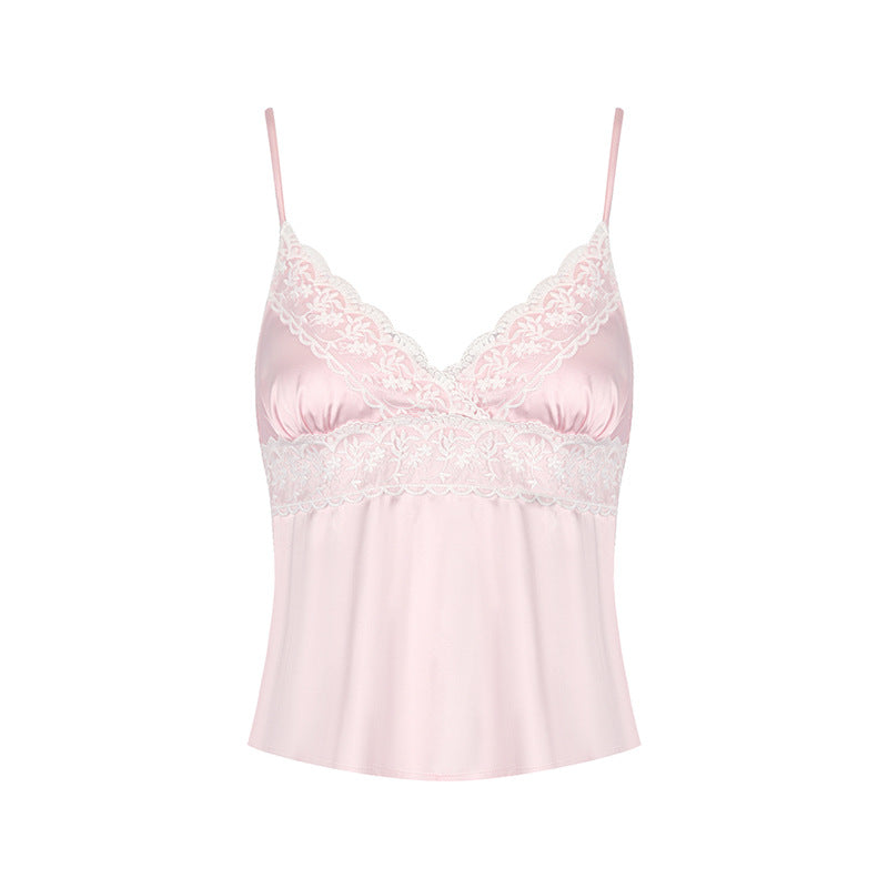 Damen Nackt-Satin Top mit zarten Spitzeinsatz und verstellbaren Trägern Drune