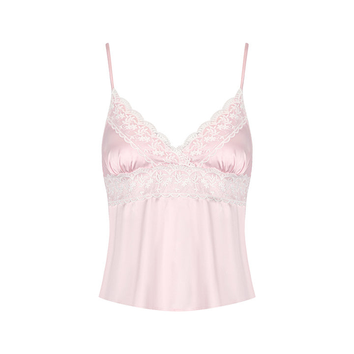 Damen Nackt-Satin Top mit zarten Spitzeinsatz und verstellbaren Trägern Drune