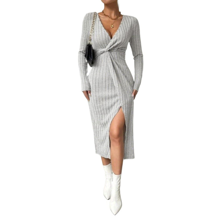 Damen geripptes Twist-Midikleid mit V-Ausschnitt, taillierter Silhouette und Frontschlitz Drune