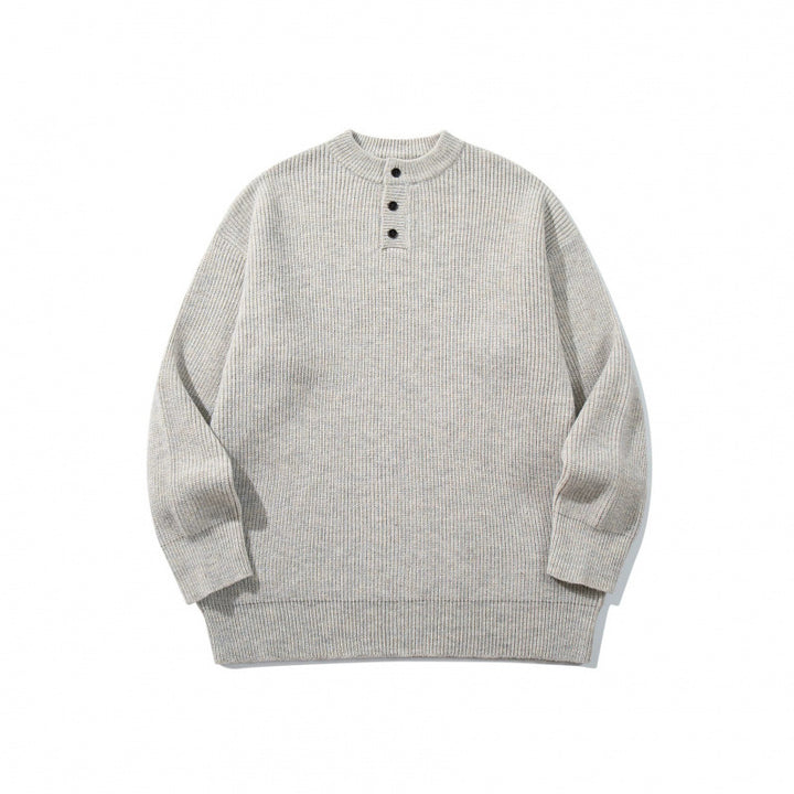 Unisex Oversize Grobstrick-Henley-Pullover mit melierter Struktur und Rippabschlüssen Drune