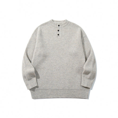 Unisex Oversize Grobstrick-Henley-Pullover mit melierter Struktur und Rippabschlüssen Drune