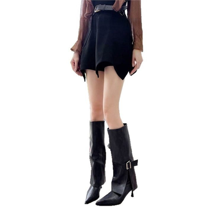 Damen kniehohe Lederoptik‑Stiefel mit spitzer Zehenpartie, schlankem Stiletto und seitlicher Zierschnalle Drune
