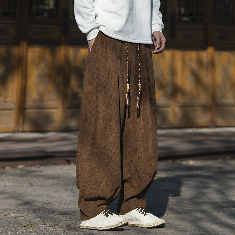 Herren Weit geschnittene Kordhose mit Tunnelzug, Bundfalten und Relaxed-Fit Drune
