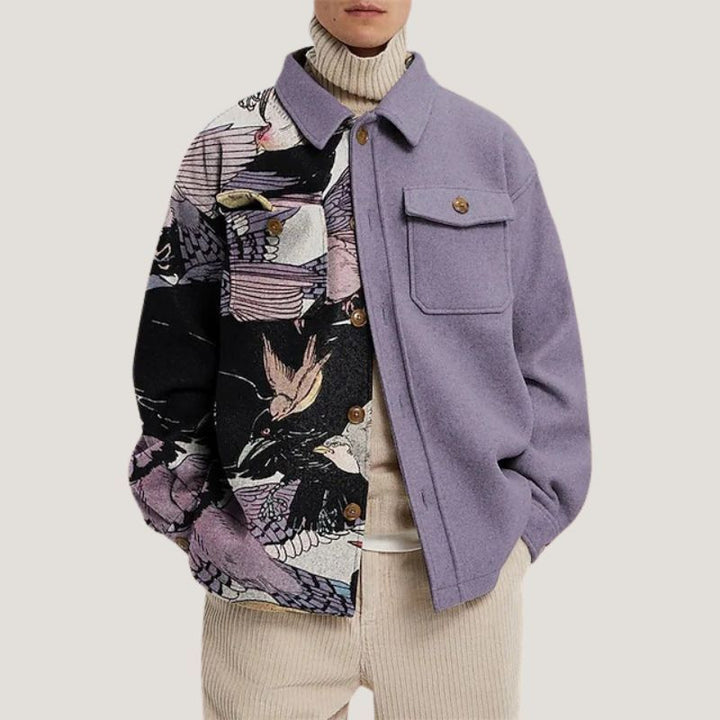 Damen Oversized Wolloptik-Überhemd mit asymmetrischem Vogelprint und Pattentasche Drune