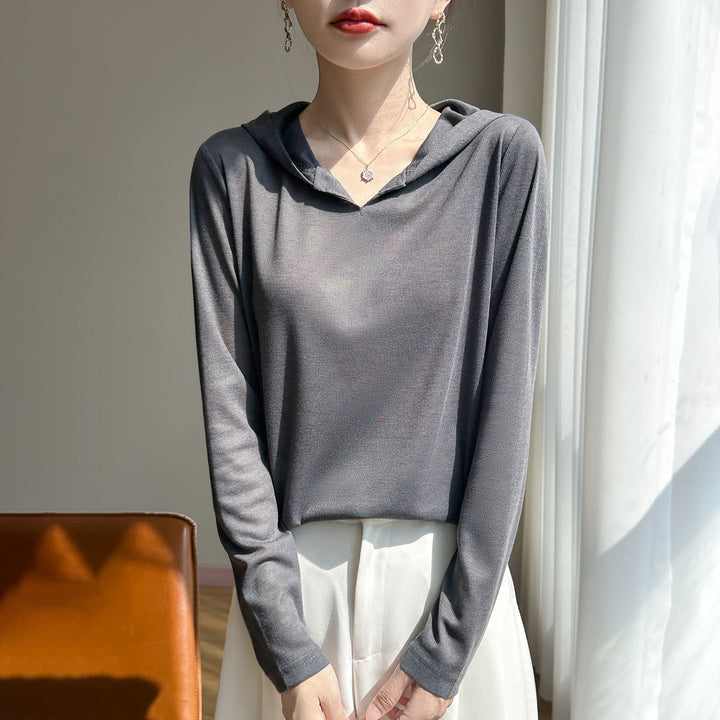 Damen Leichter Kapuzenpullover mit V‑Ausschnitt und feinem Jersey Drune