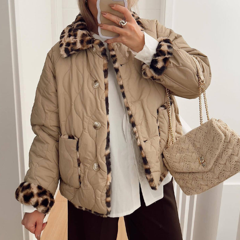 Damen gesteppte Jacke mit kuscheligem Leo-Kragen und praktischen Taschen Drune