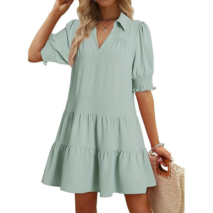 Damen luftiges Sommerkleid mit schickem Kragen und Rüschendetails Drune