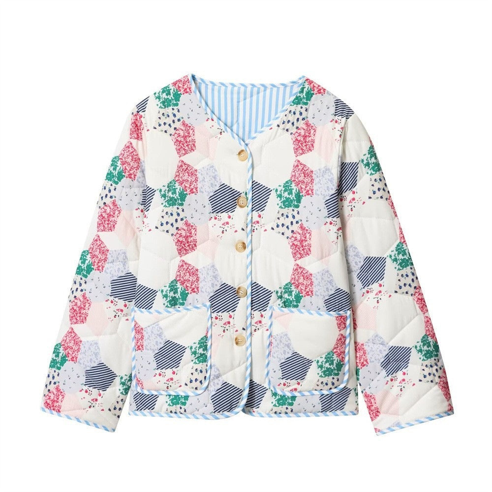 Damen Gesteppte Kurzjacke im Patchwork-Quilt-Look mit Knopfleiste und aufgesetzten Taschen Drune