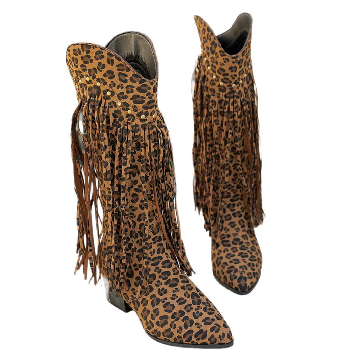 Damen Wadenhohe Wildleder Westernstiefel mit langen Fransen und Ziernieten Drune