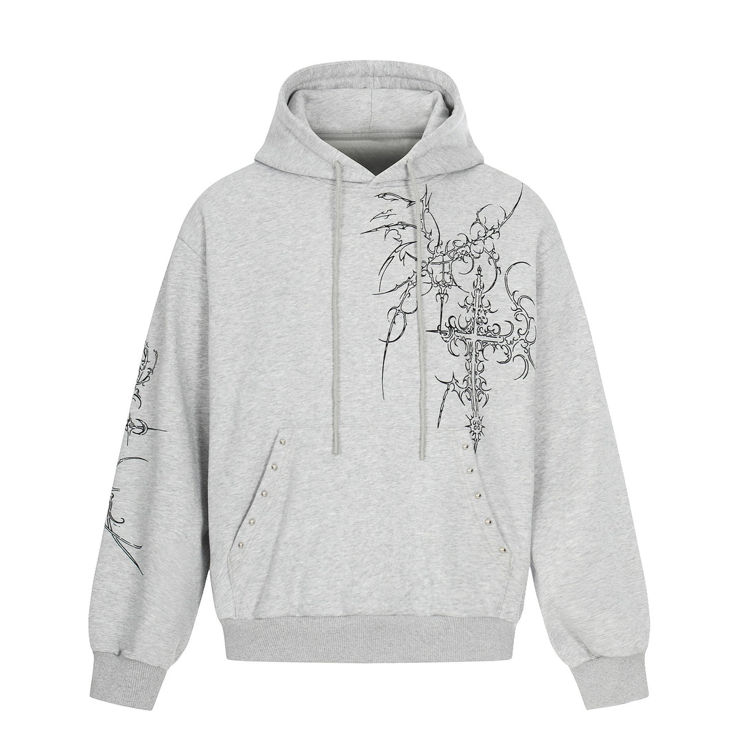 Herren Oversize Kapuzenpullover mit ornamentalem Kreuz‑Print und Nieten Drune