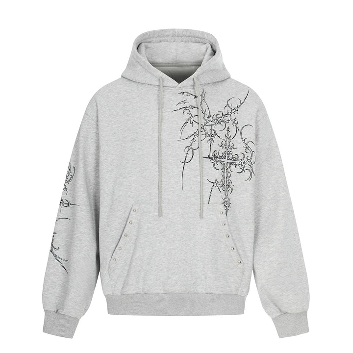 Herren Oversize Kapuzenpullover mit ornamentalem Kreuz‑Print und Nieten Drune