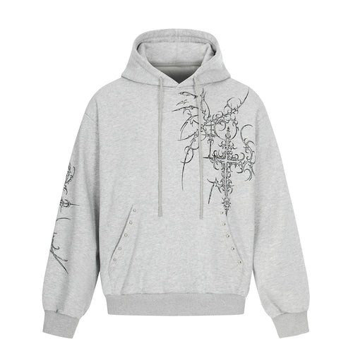 Herren Oversize Kapuzenpullover mit ornamentalem Kreuz‑Print und Nieten Drune
