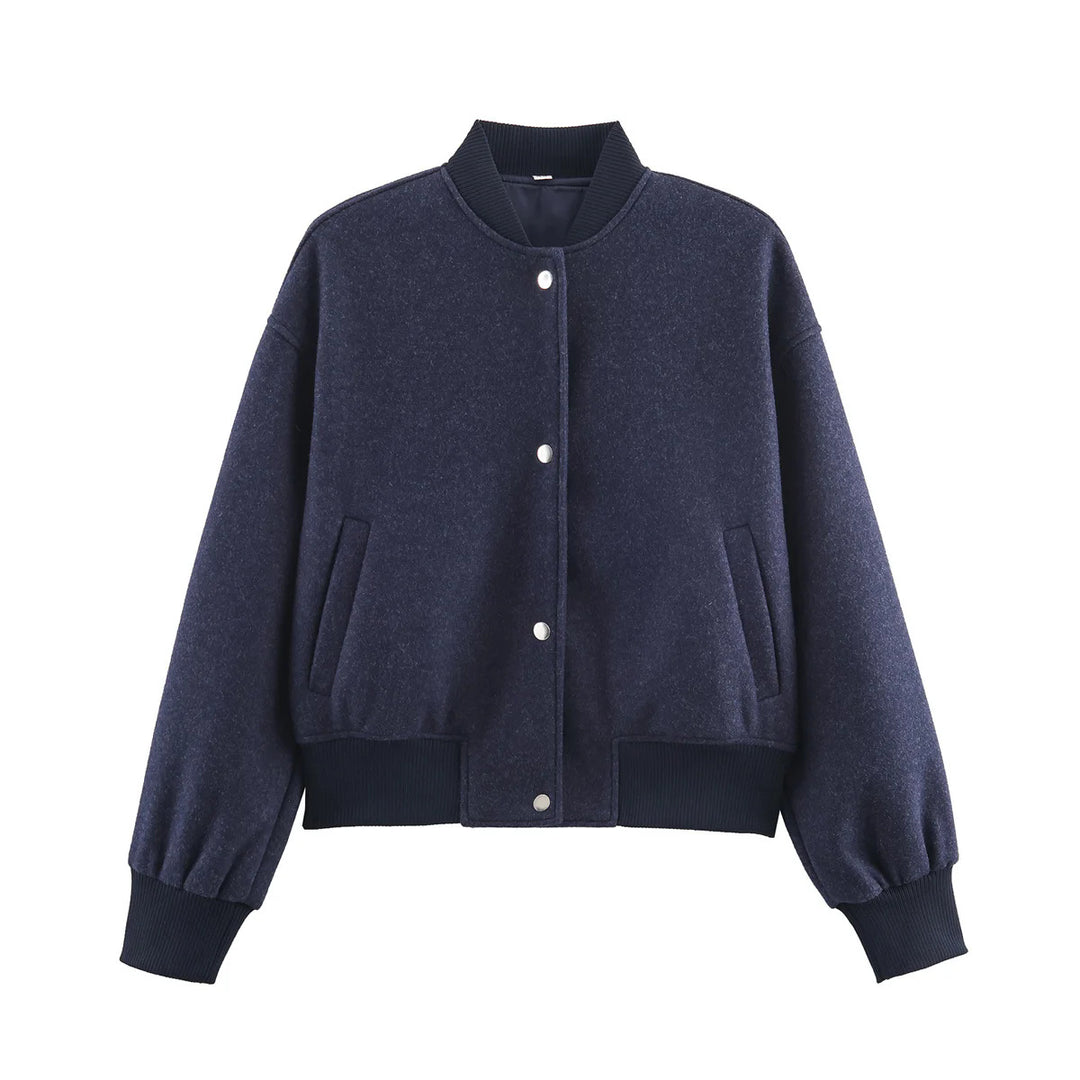 Damen nan kastig geschnittene Wolloptik-Collegejacke mit verdeckter Druckknopfleiste und seitlichen Schubtaschen Drune