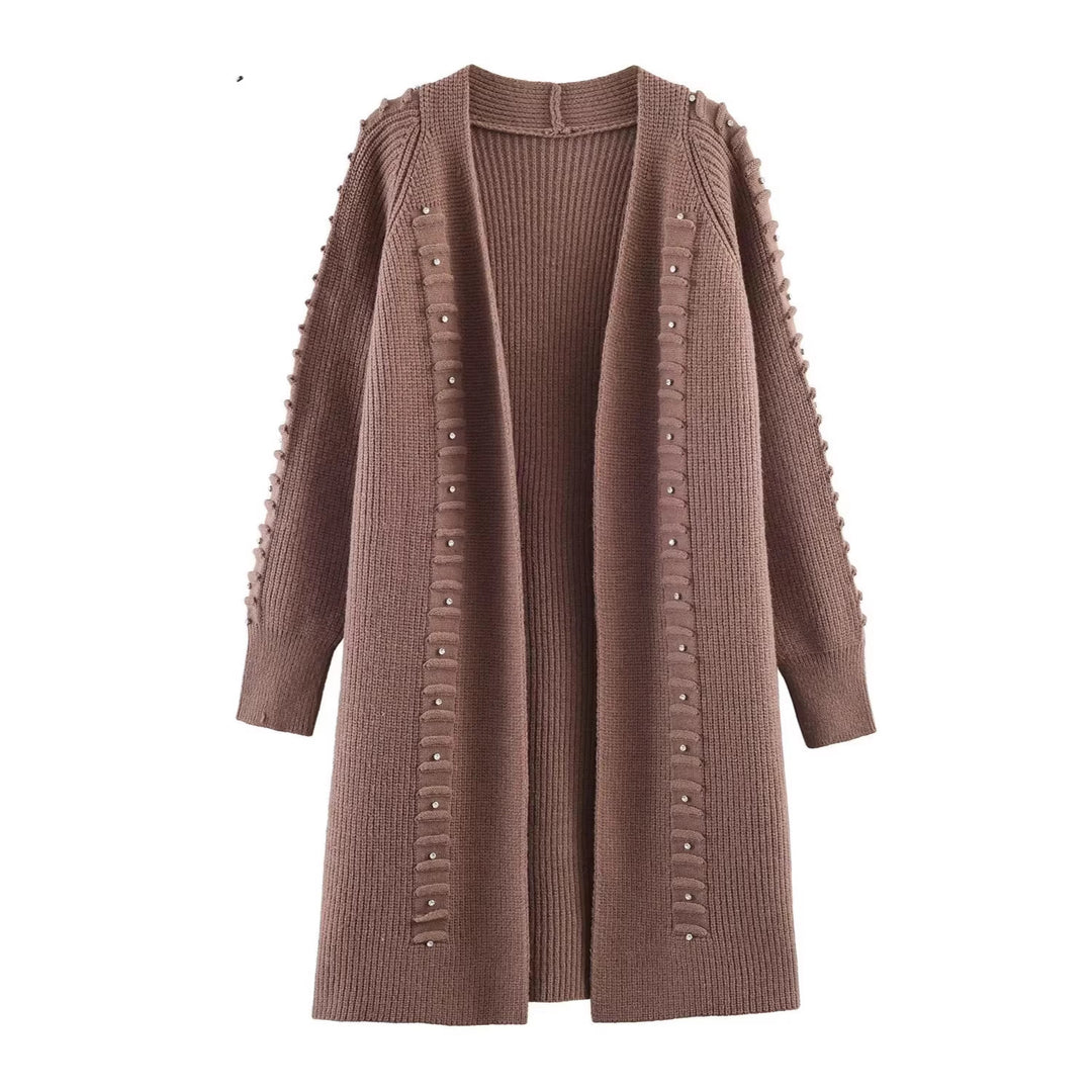 Damen Longline Strickcardigan mit Perlenbesatz und Rippbündchen Drune