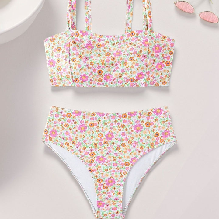 Damen Hochgeschnittenes Bikini-Set mit floralen Details und breiten Trägern Drune