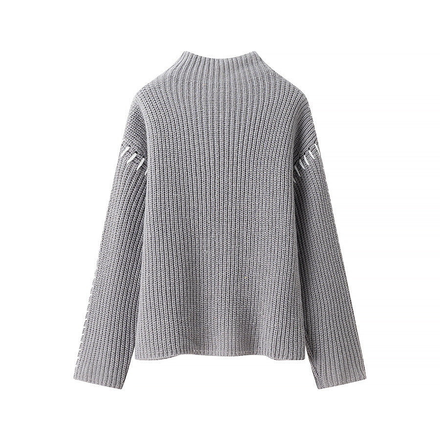 Damen nan grober Strickpullover mit Stehkragen, oversized Schnitt und dekorativer Seitenstich-Ärmelnaht Drune