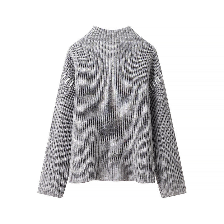 Damen nan grober Strickpullover mit Stehkragen, oversized Schnitt und dekorativer Seitenstich-Ärmelnaht Drune