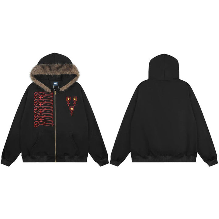 Unisex Kapuzen-Sweatjacke mit kunstfellbesetzter Kapuze, Reißverschluss und gestickten Abzeichen Drune