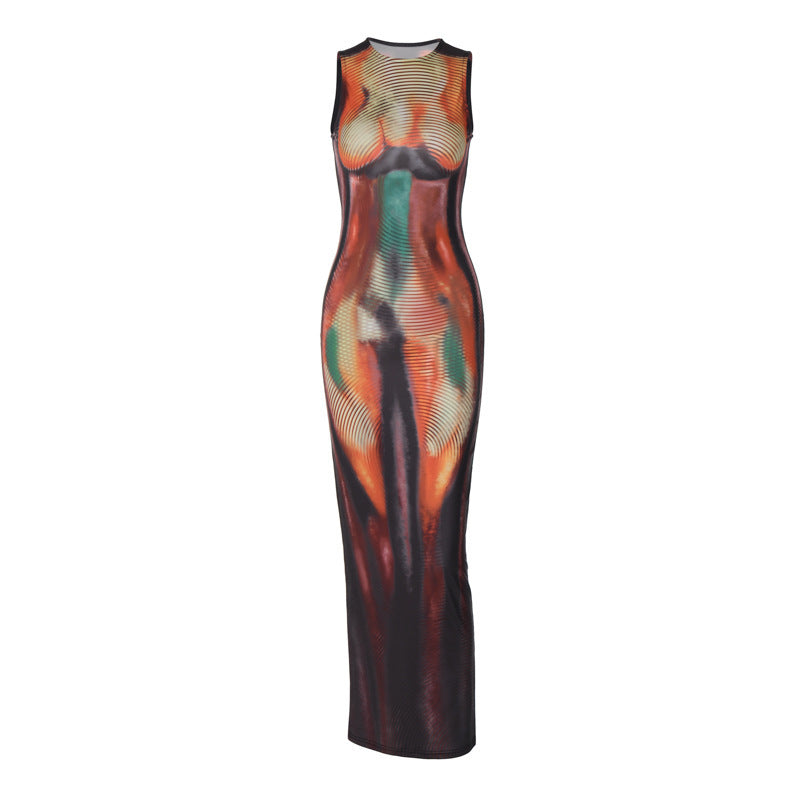 Damen Figurbetontes Maxikleid mit abstraktem Design und elegantem Schnitt Drune