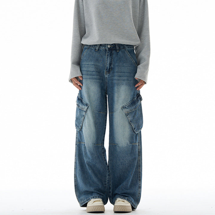 Damen Hochtaillierte Utility-Denim-Palazzohose mit Kniepaneelen und großen Klappentaschen Drune