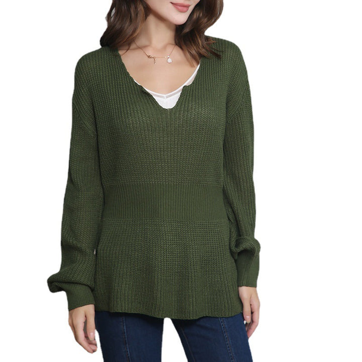 Damen Lockerer Feinstrick-Pullover mit V-Notch-Ausschnitt, Tailliertem Rippbund und Ballonärmeln Drune