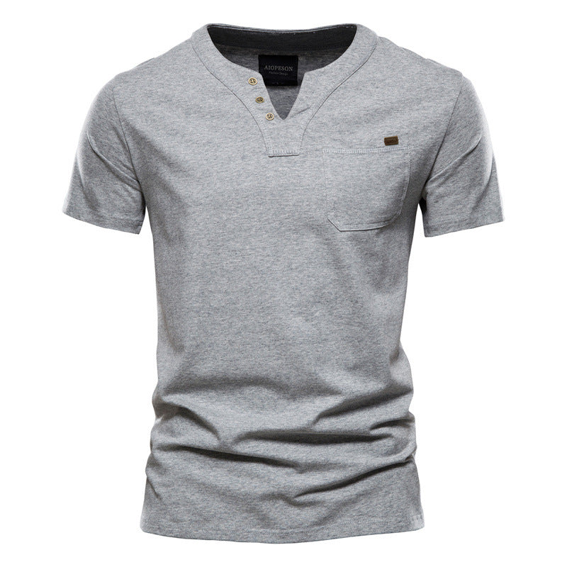 Herren V-Ausschnitt T-Shirt mit Druckknöpfen und Brusttasche Drune