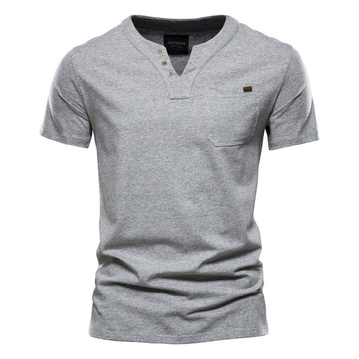 Herren V-Ausschnitt T-Shirt mit Druckknöpfen und Brusttasche Drune