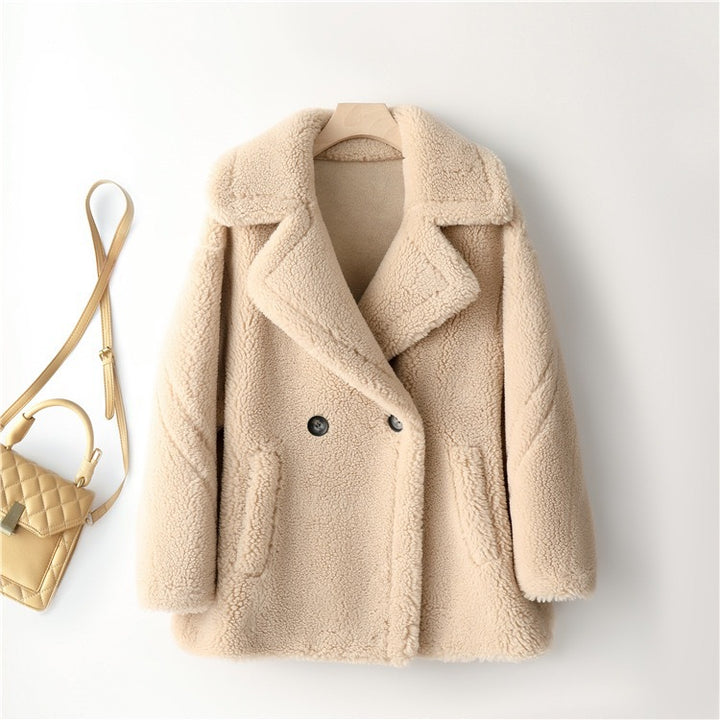 Damen kuscheliger Teddycoat mit doppelter Knopfleiste und Taschen Drune