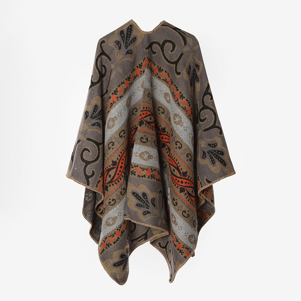 Damen Wohlfühl-Cape mit folklorem Jacquardmuster, offener Front und kontrastierter Kettelnaht Drune