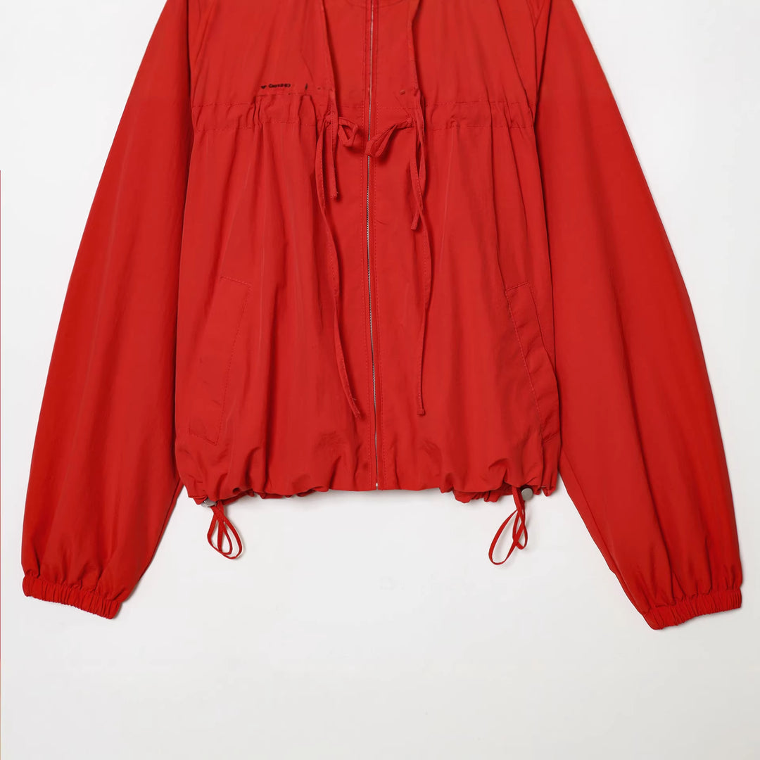 Damen nan kurzer Kapuzen-Windbreaker mit Tunnelzug, Reißverschluss und elastischem Saum Drune