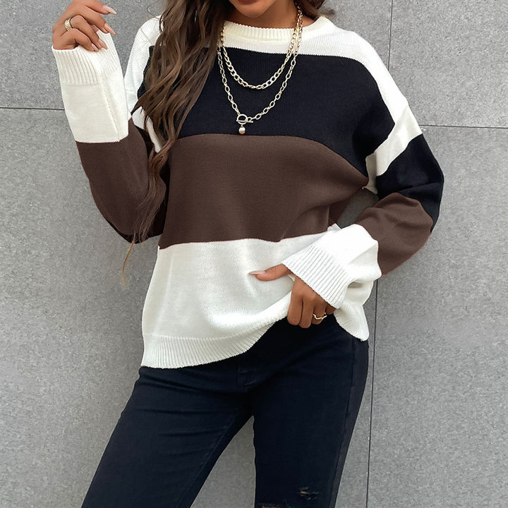Damen Colorblock-Feinstrickpullover mit überschnittener Schulter und gerippten Bündchen Drune