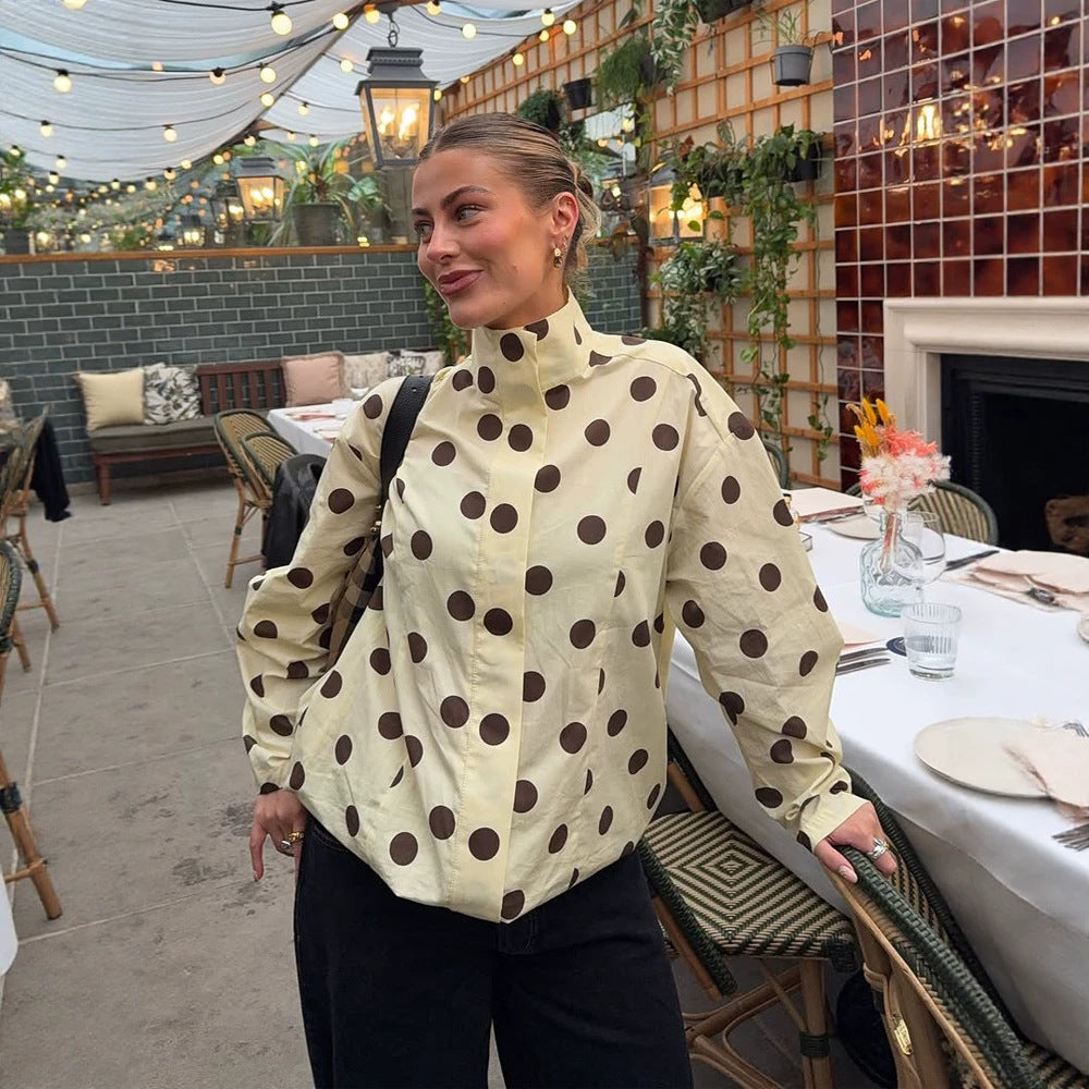 Damen Boxy Hemdjacke mit Stehkragen, Ballonärmeln und großem Polka‑Dot‑Print Drune