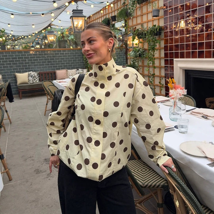 Damen Boxy Hemdjacke mit Stehkragen, Ballonärmeln und großem Polka‑Dot‑Print Drune