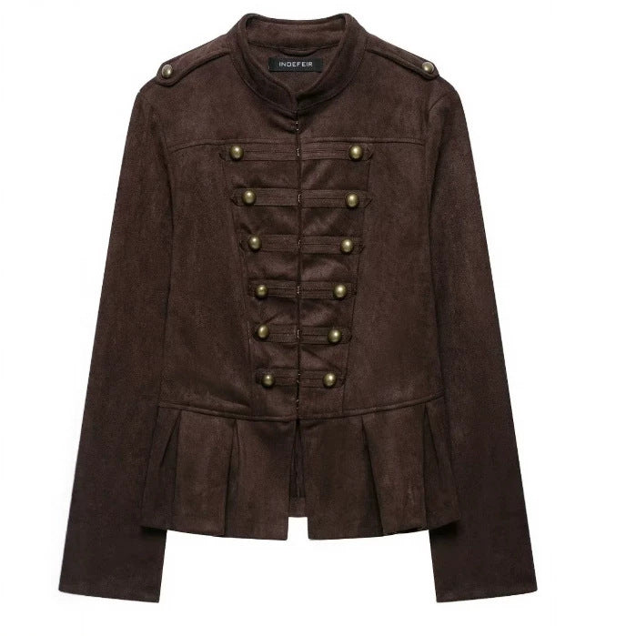 Damen Militärjacke aus Wildlederimitat mit Stehkragen und Schößchen Drune