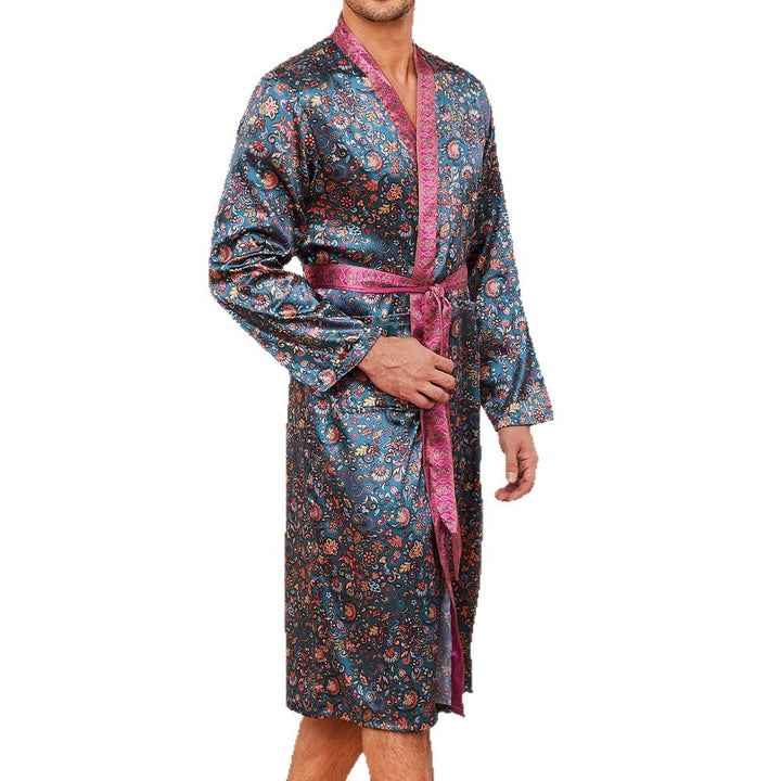 Herren Satin Morgenmantel mit auffälligem Muster und Taillengürtel Drune
