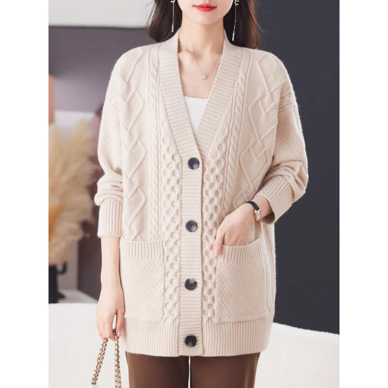 Damen gemütliche Strickjacke mit großem Zopfmuster Drune