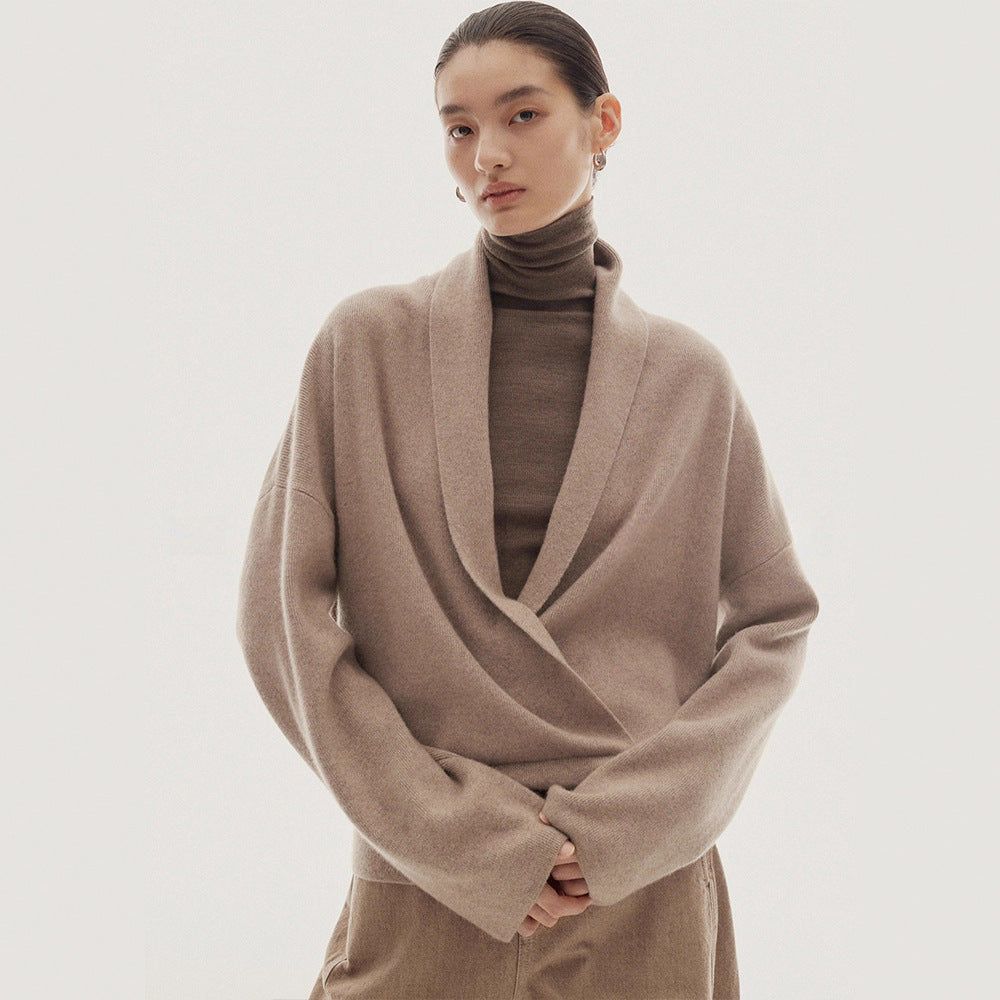 Damen Eleganter und weicher Wickelpullover aus hochwertiger Wolle Drune