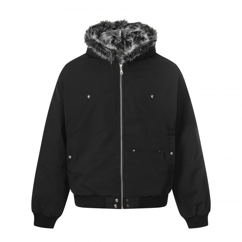 Unisex Kurze Boxy-Bomberjacke mit Kunstfellkapuze, winddichter Shell und thermischer Isolierung Drune