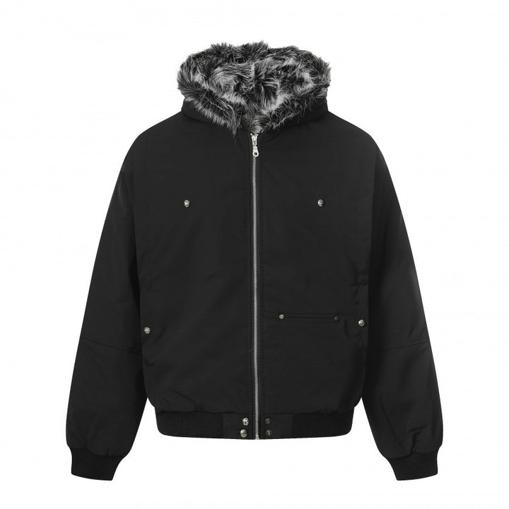 Unisex Kurze Boxy-Bomberjacke mit Kunstfellkapuze, winddichter Shell und thermischer Isolierung Drune