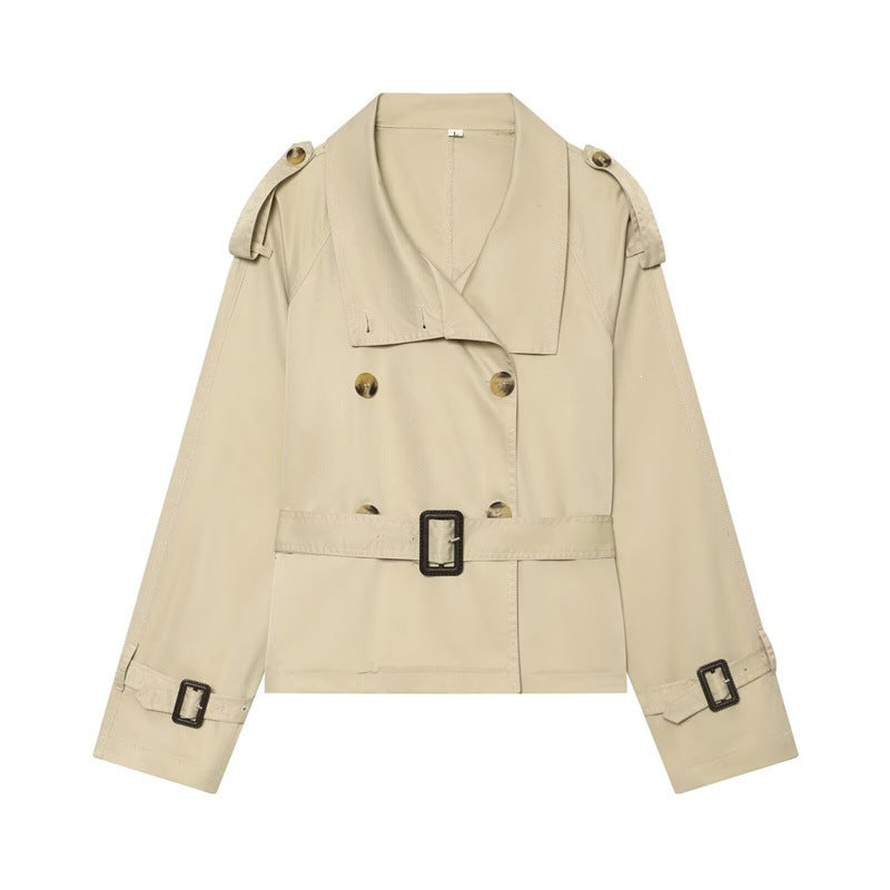 Damen Kurzer Boxy-Trench mit Doppelreiher, Taillengürtel und Schulterklappen Drune