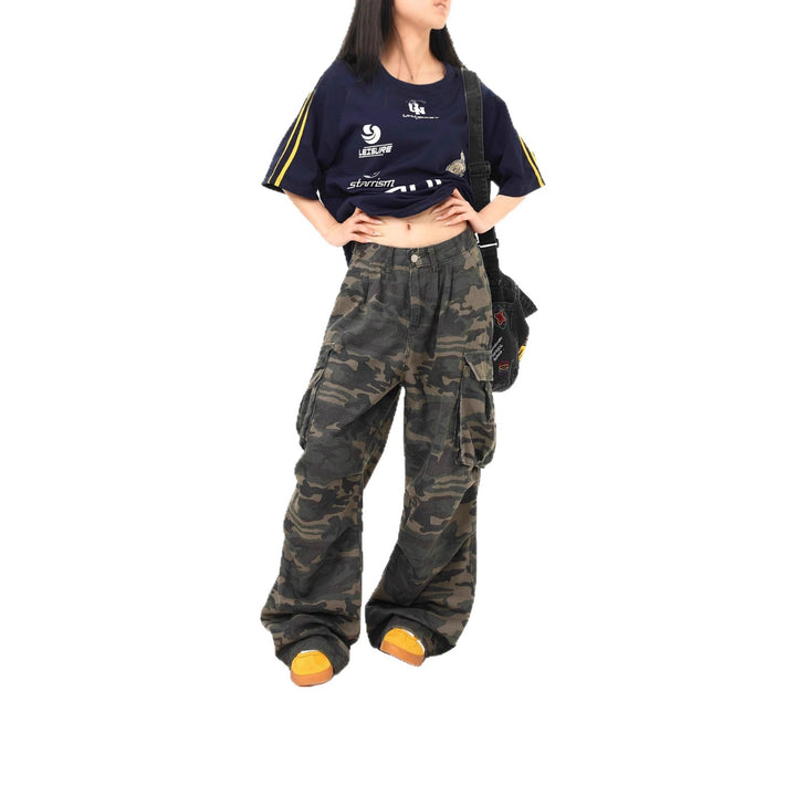 Damen Cargo-Hose mit weitem Bein und camouflagemuster Drune