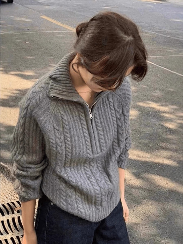 Damen Zopfstrick-Polokragenpullover mit Halbreißverschluss und weichem Mohair-Look Drune
